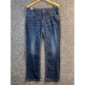 Silver Jeans Co Suki Mid Rise Straight Leg Jeans Dark Wash 33x30 Contrast Stitch